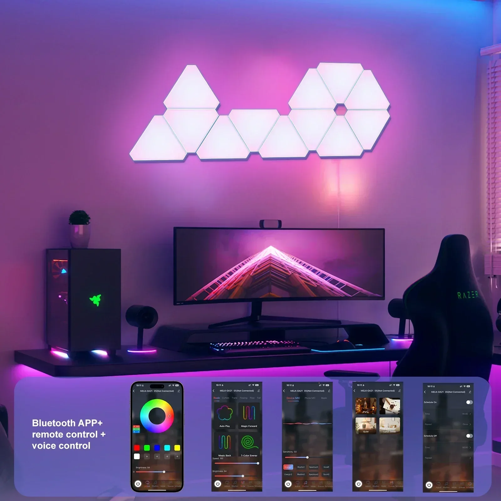 12 pezzi 5V Bluetooth LED Triangolo Quantum Atmosphere Lights Lampade da parete RGB intelligenti Controllo APP per giochi, camera da letto e decorazioni per la casa