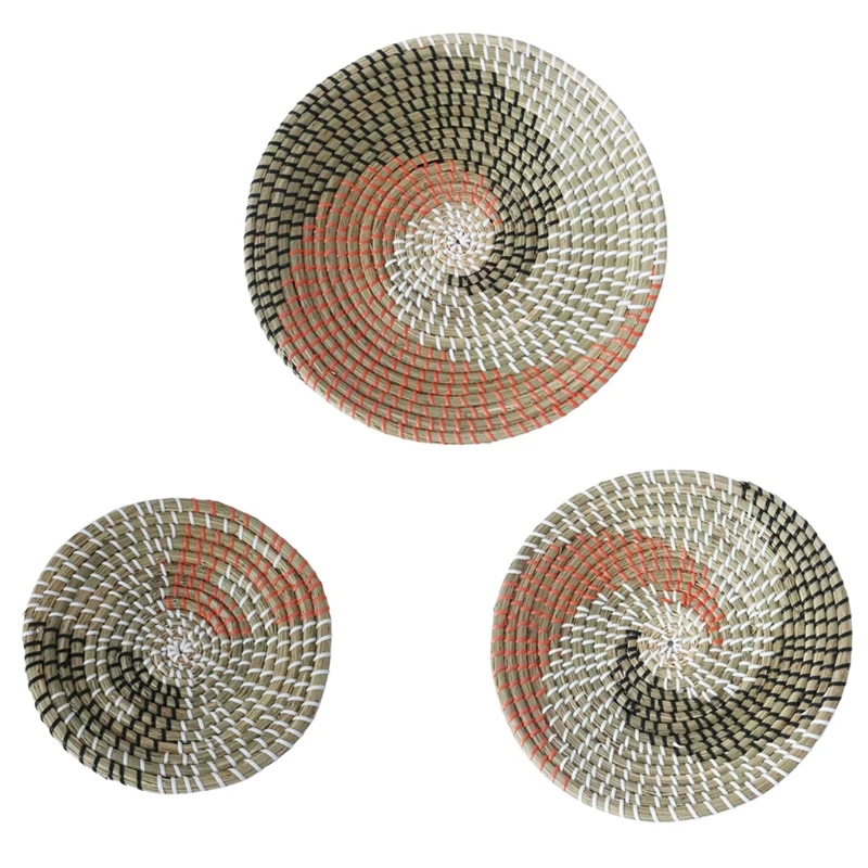 KX4B 3pcs Boho Woven Wall Basket Decor Handmade Seagrass Hanging Decorative Tray Bowl