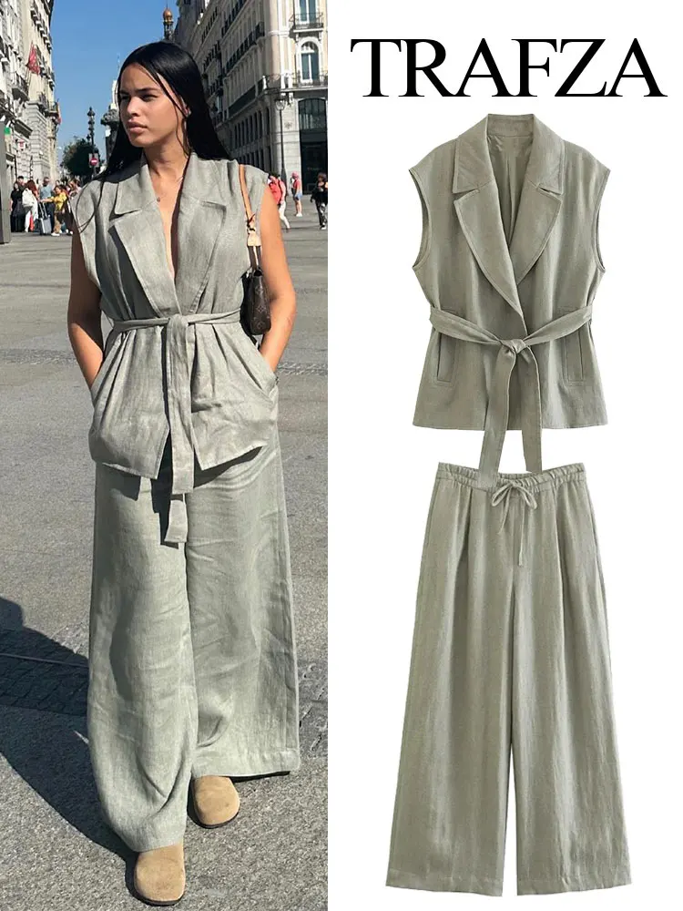 TRAFZA 2024 Summer Fashion Female Elegant 2 Piece Set Sleeveless Casual Belt Coats＋Solid Color Slim Elastic Waist Wide Leg Pant