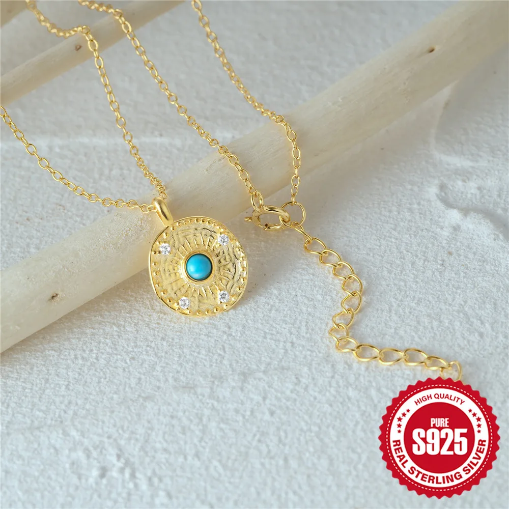 AIDE 925 Sterling Silver Turquoise Flower Fine Jewelry Round Zircon Pendant Necklaces Chain for Women Girl Gifts Collares Choker