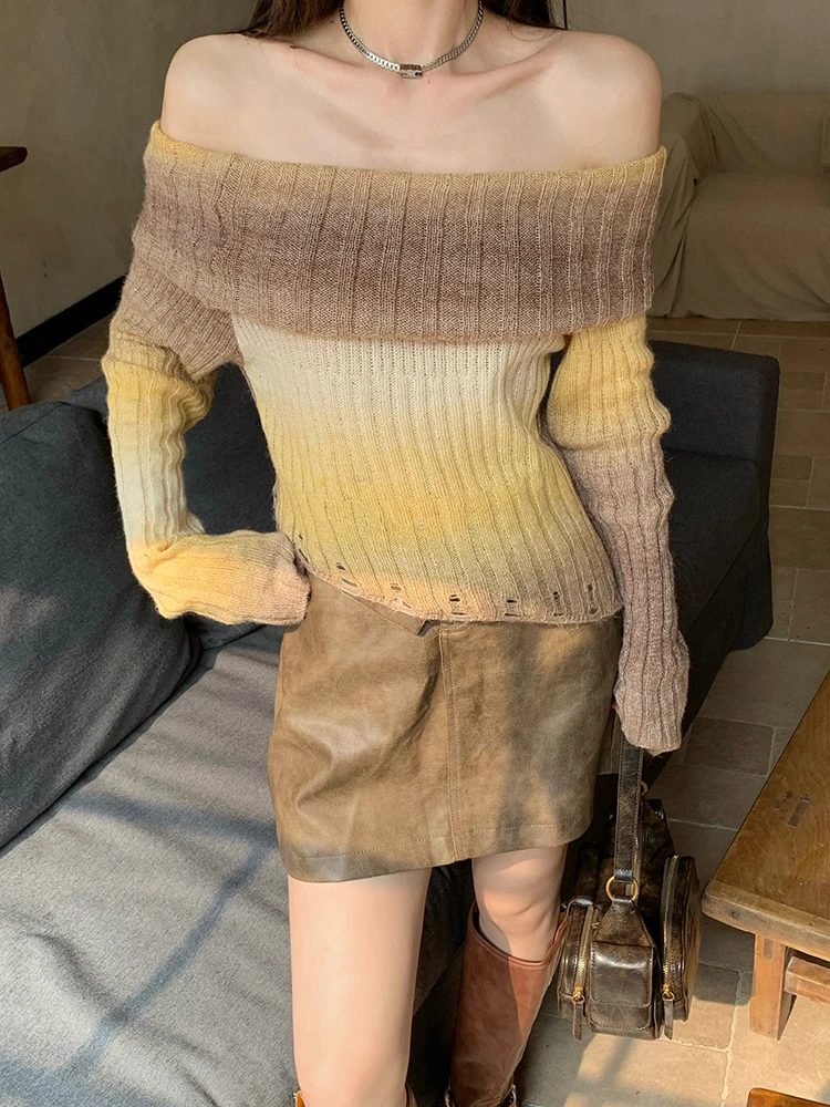 Tie Dye Knitted Pullovers Women Slash Neck Striped Long Sleeve Autumn Winter Sweater Korean Hollow Out Chic Oversized