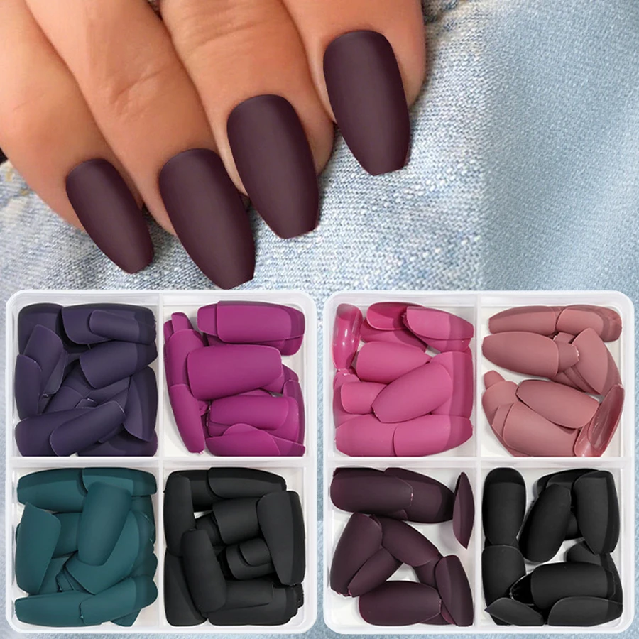 96 Stück kurze, vollständig deckende, matte Press-on-Nägel in Uni-Farben, einfach anzubringende künstliche Nagelspitzen für eine schnelle Maniküre. – Detail 1