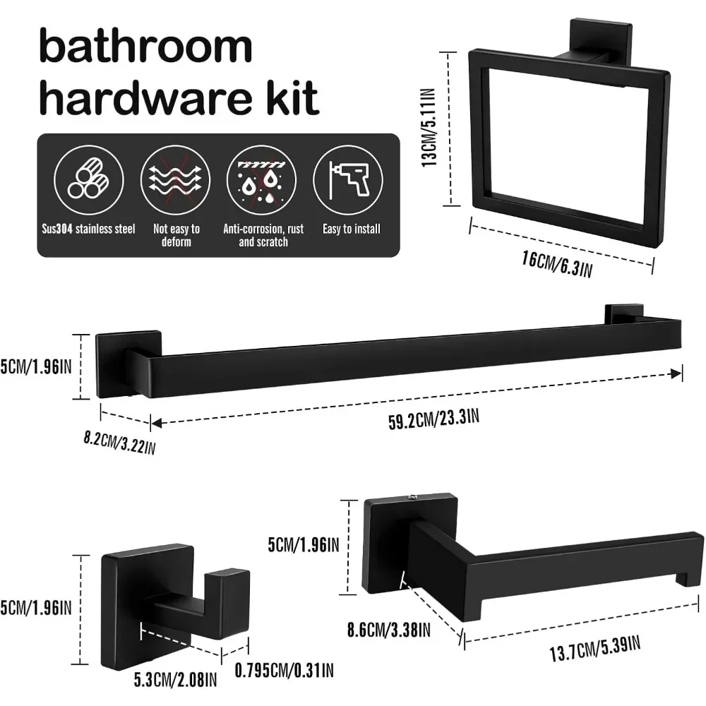 15 matte black bathroom hardware sets, 23.3-inch towel rack, square, SUS304 stainless steel, heavy-duty towel rack set