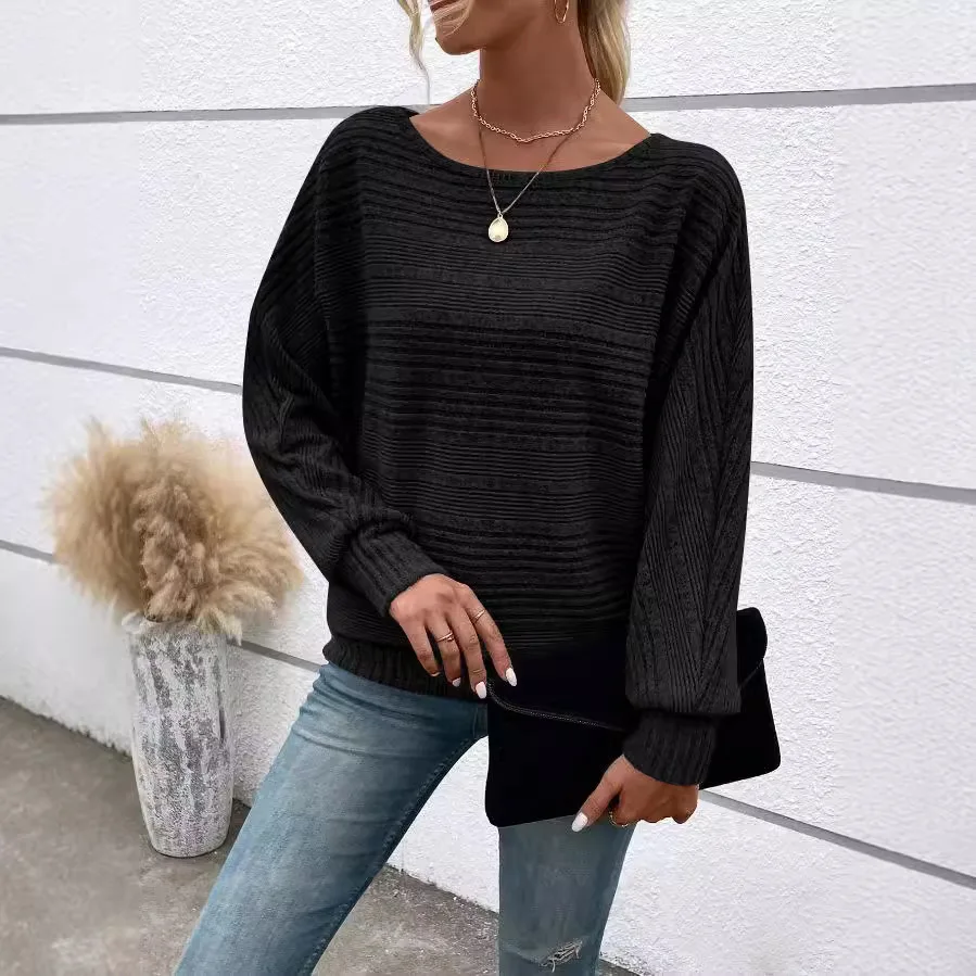 Modern Style Women's T-shirt Batwing Sleeve round Neck Striped Top Thickened Loose Fit Fall Winter New Arrival Cross-Border F...