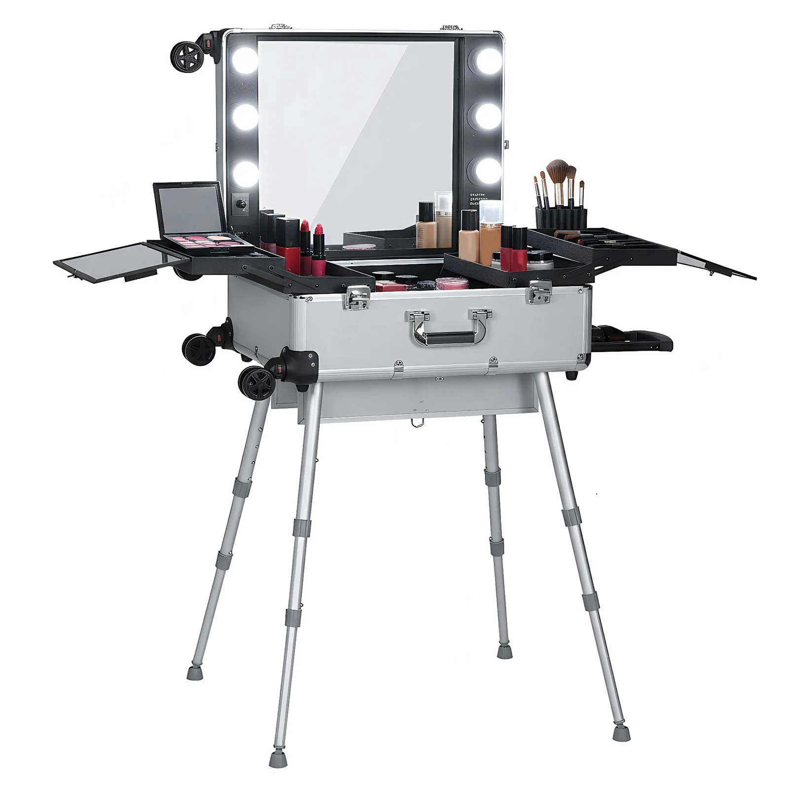 

Профессиональный органайзер для косметики на колесиках с зеркалом и подсветкой, кейс для макияжа на колесах для женщин и девушек