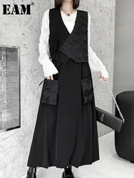 [EAM] Black Vest Pocket Half-body Skirt Two Pieces Suit New V-Neck Sleeveless Women Fashion Tide Spring Autumn 2024 1DH7449