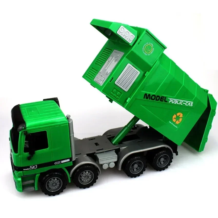 Side Loading Garbage Transfer Truck with Tricolor Green Design Featuring  Lift Mechanism Three Rubbish Bins Birthday Gift