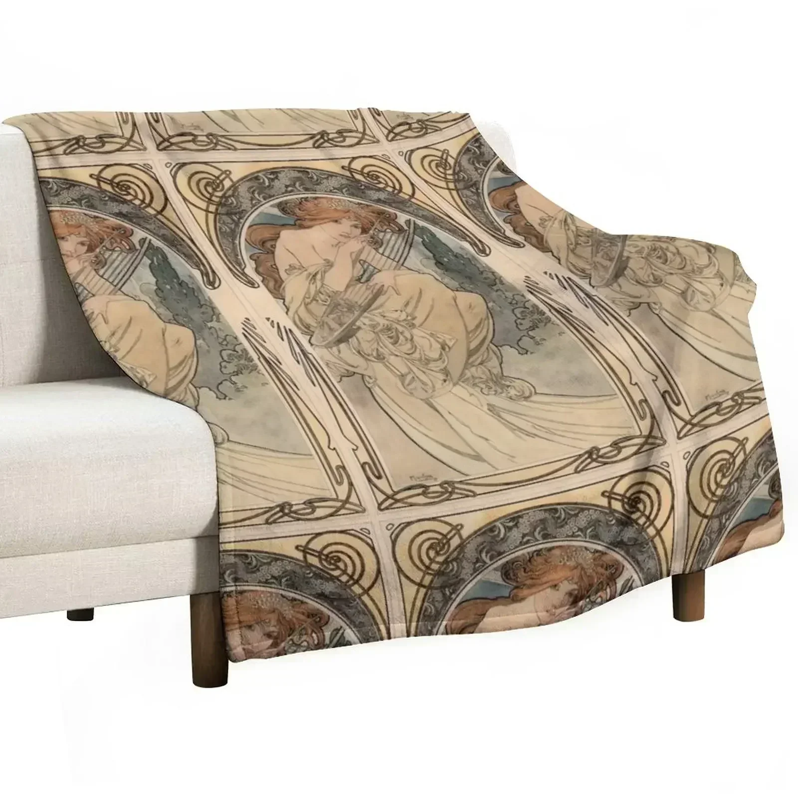 Allegorie de la Musique by Alphonse Mucha Throw Blanket Cute Plaid anime Comforter Furry Custom Blankets