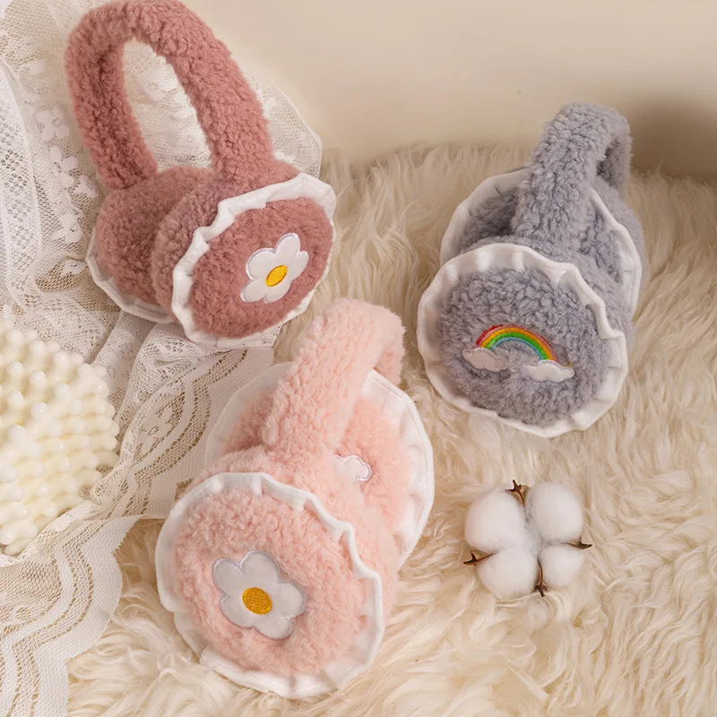 Winter New Women's Outdoor Cycling Plush Warm Eartips Cute Lace Rainbow Folding Thickened Eartips Ear Pack