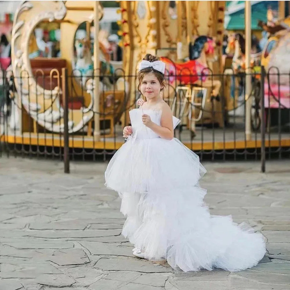 Vestido de niña de flores en capas para boda, tul blanco sin mangas con lazo, bonito vestido de fiesta de cumpleaños para niño