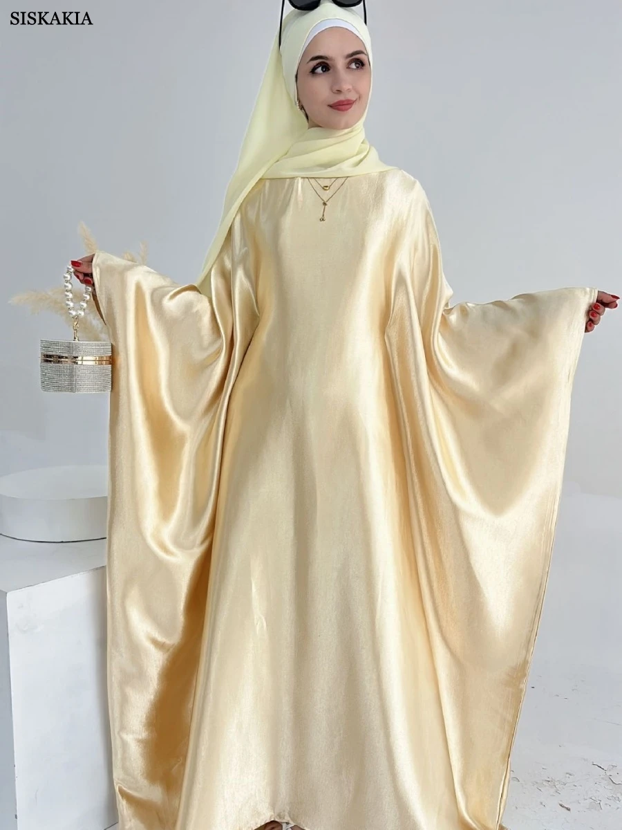 2.Siskakia New Batwing Sleeve Long Modest Dresses Women Solid Abayas Dubai Loose Polyester Kaftan 2025 view 3
