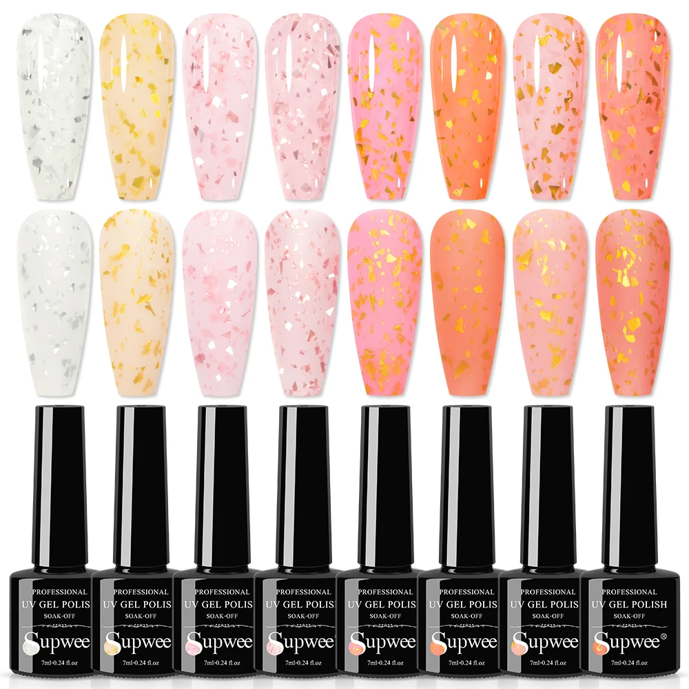 

Supwee 8PCS Gold Glitter Rubber Base Gel Nail Polish Set White Pink Base Gel Soak off UV Self Leveling Nail Gel Nail Art Design