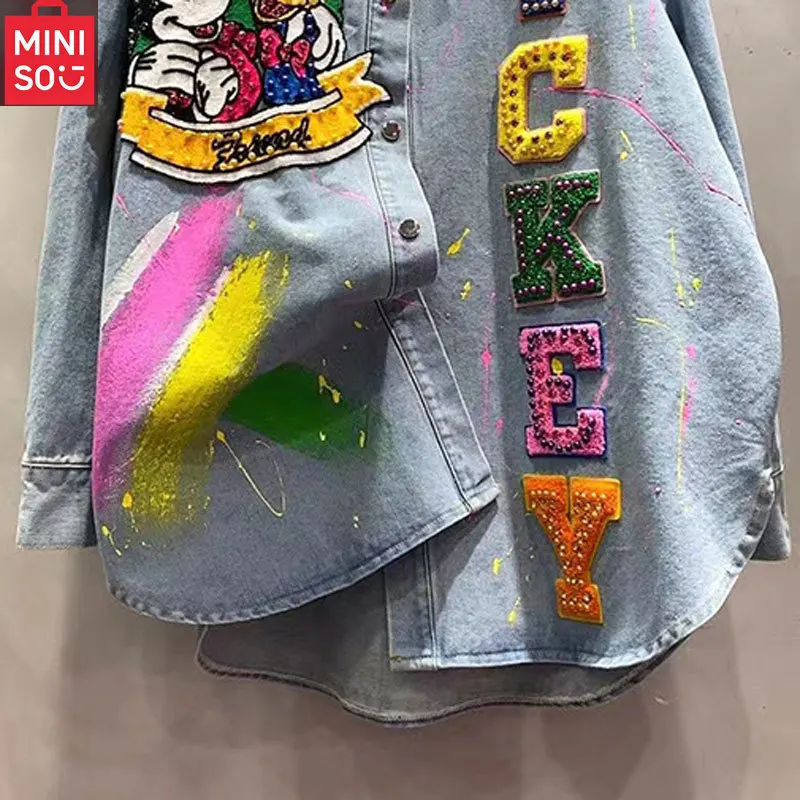 MINISO Embroidered Shirt Women's Medium to Long Loose Multi functional Denim Jacket New Fashionable Single breasted Outer Coat - Image 3