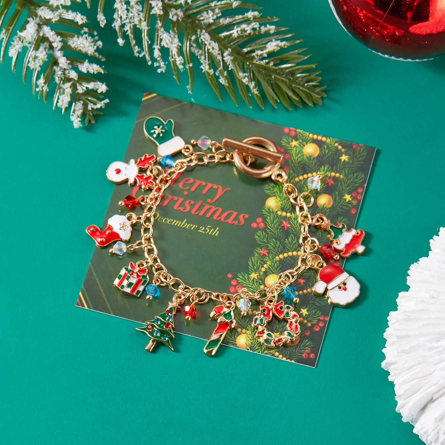 Bracciale Natalizio Cubahop Con Ciondolo Babbo Natale, Perline Rosse E Verdi, Fiocco Di Neve, Regalo Donna, Misura Unica