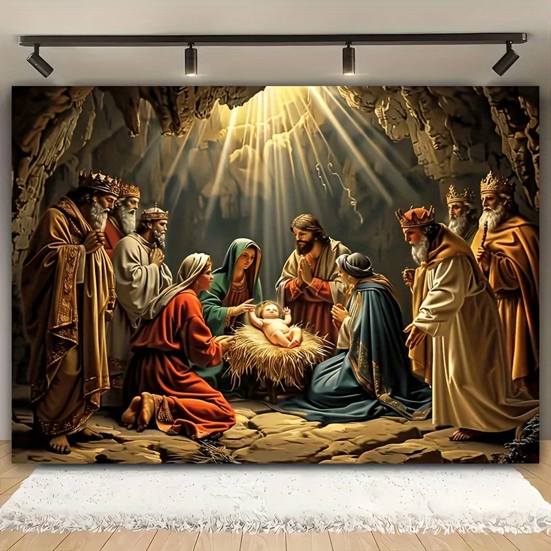 1 Stück religiöser Weihnachts-Wandteppich, Vintage-Krippe mit bezaubernden Figuren, Urlaubs-Wandbehang für Weihnachtsdekoration
