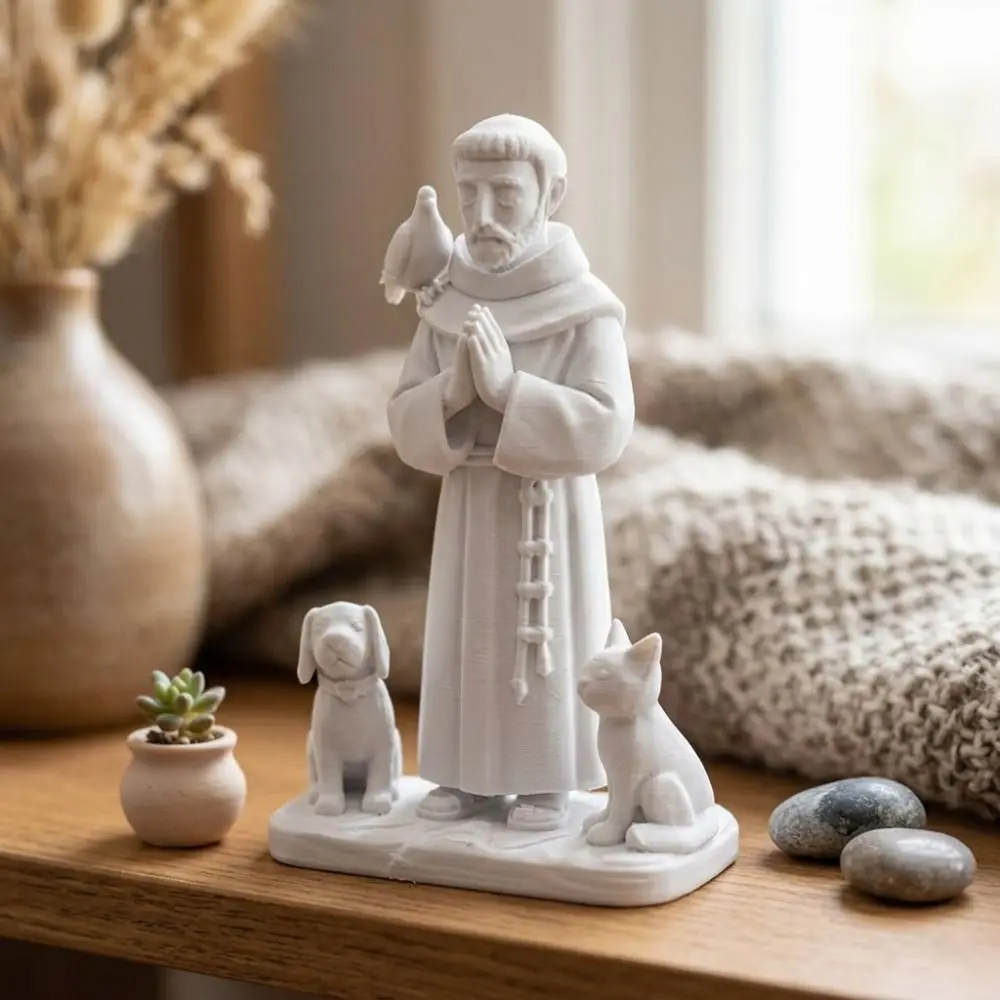 3D Printed Saint Francis Statue Praying Hand Pose Catholic Theme St Francis Sculpture Sacred Plastic Christian Ornament