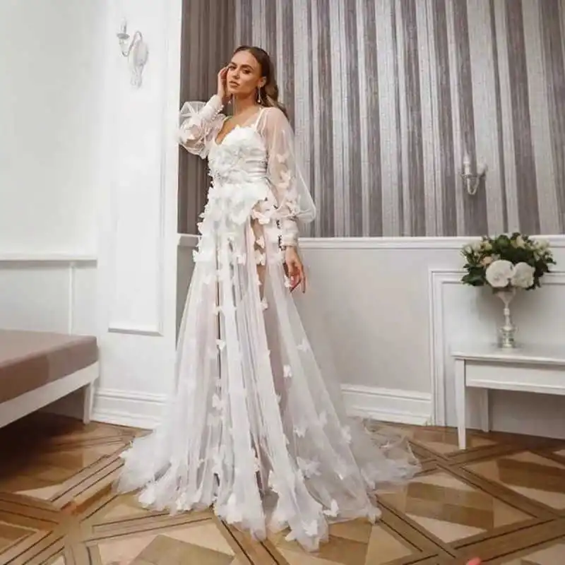 Illusion Sheer Women Bathrobe Loungewear Floral Appliques Lace Color Home Clothes Evening Dresses V-Neck Nightgowns Customized