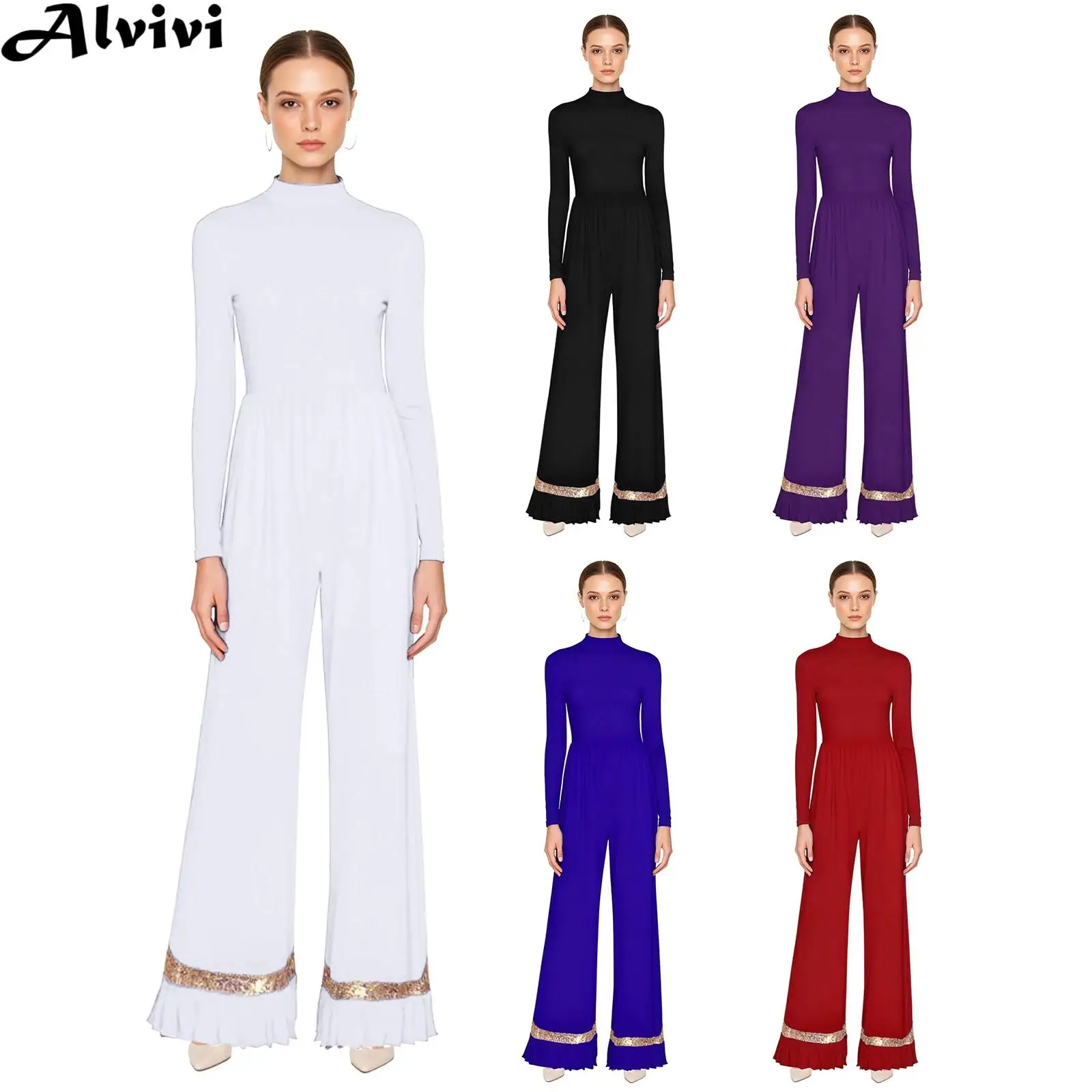 

Женский современный лирический танцевальный комбинезон, литургическое поклонение, церковный хор, похвальный комбинезон с длинными рукавами и сетчатой отделкой с блестками, широкий боди