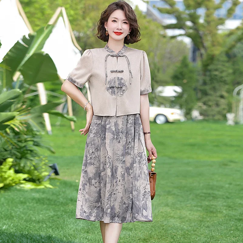 New Chinese style middle-aged mom summer elegant dress tie dyed vest dress+short sleeved button up coat two-piece set