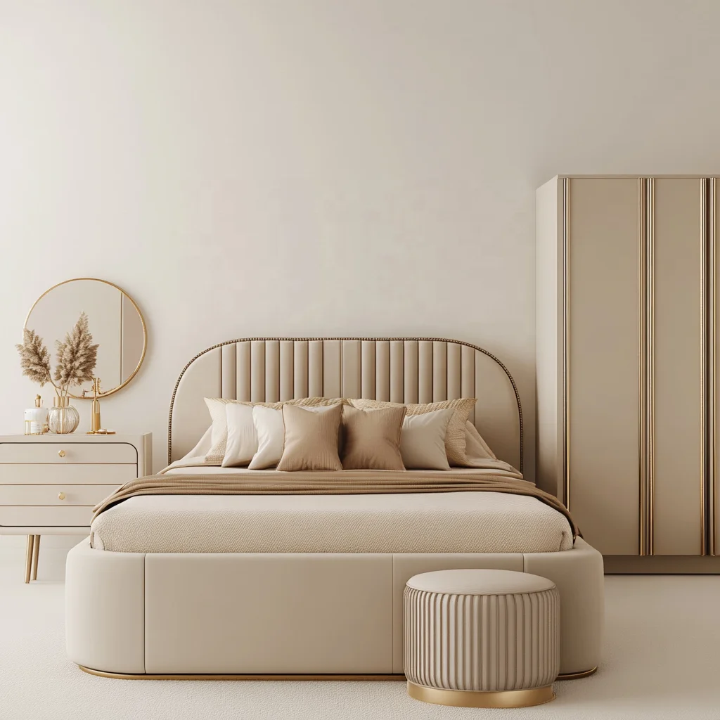

！@Customized Modern Luxury King Size Bedroom Bed Set Wide Velvet Headboard Oak Wood Furniture for Apartment