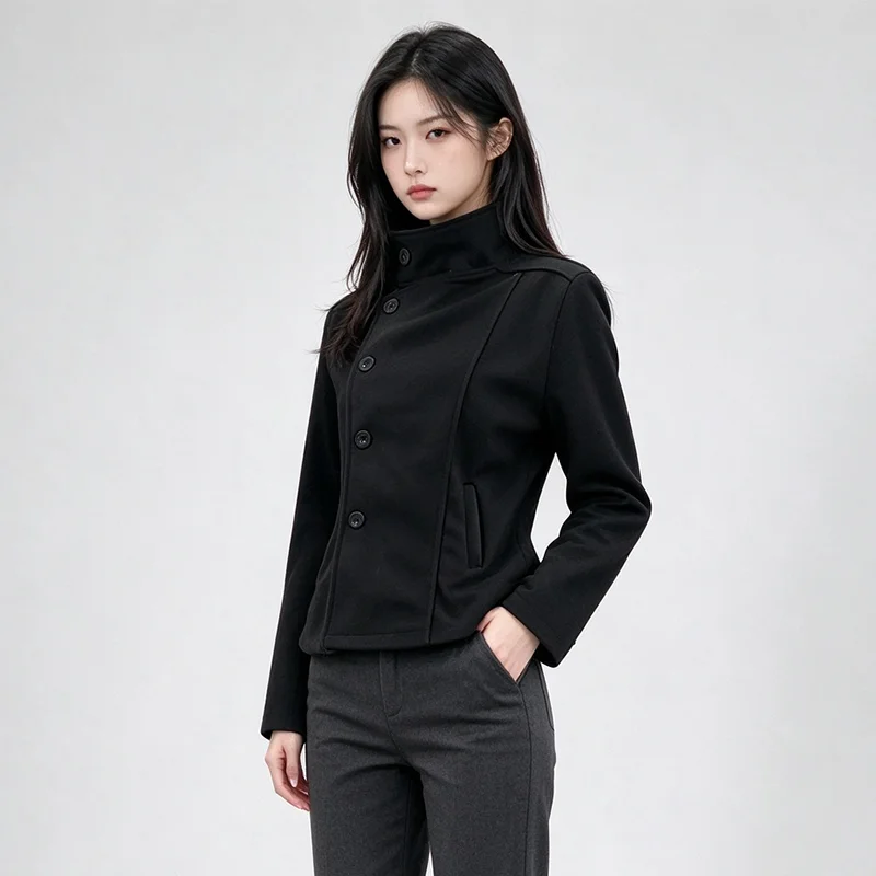 Women's Japanese Korean Style Black Blended Jacket Stand Collar Slanted Button Slim Fit Casual Commuting Coat