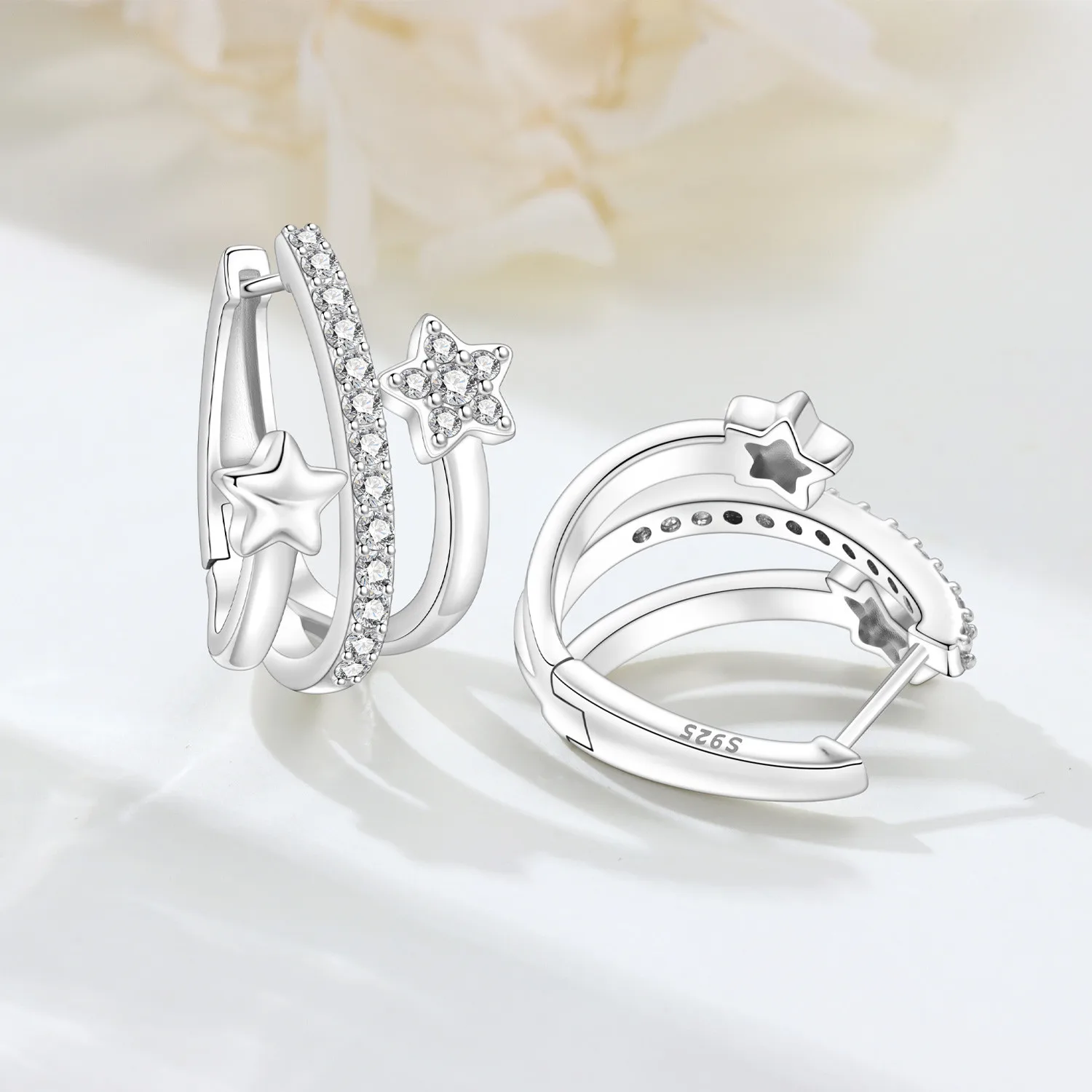 

PANPOKI S925 Sterling Silver French Three-layer Star Earrings Versatile Hoop Earrings For Women Jewelry Original Party Gifts