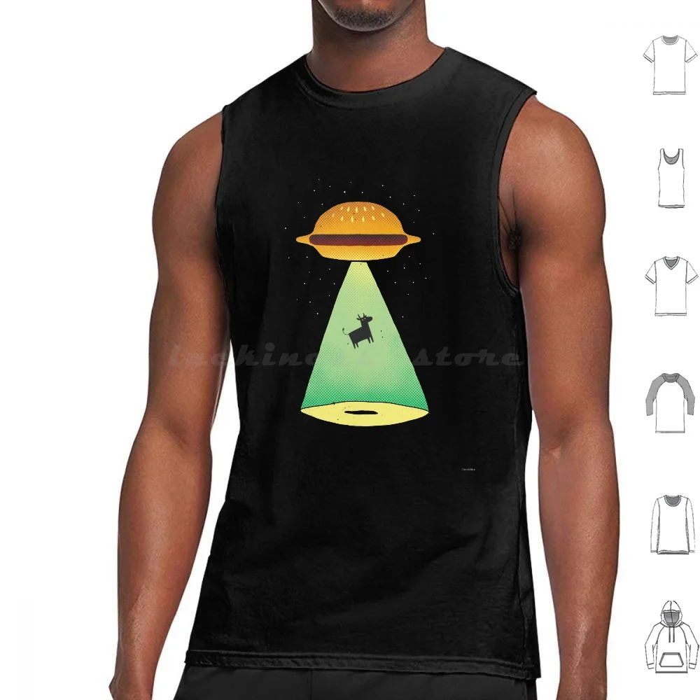 Burger Abduction Tank Tops Print Cotton Ufo Spaceship Space Flying Saucer Burger Cow Animal Funny Dinomike