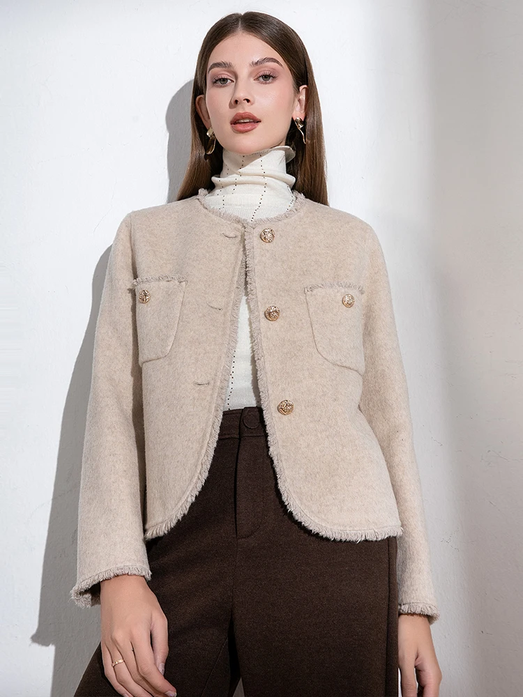 

Double-Sided Woolen ort Coat round Ne Women's Faion Ele ature South Rose Premium Quali Woolen Outerwear