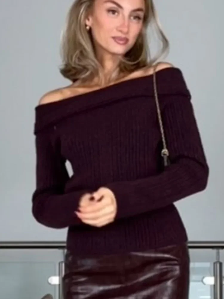 Chic Wine Red Off Shoulder Knit Pullover Women Fashion Long Sleeves Slim Short Sweater 2024 Autumn New Lady Commute Knitwear Top