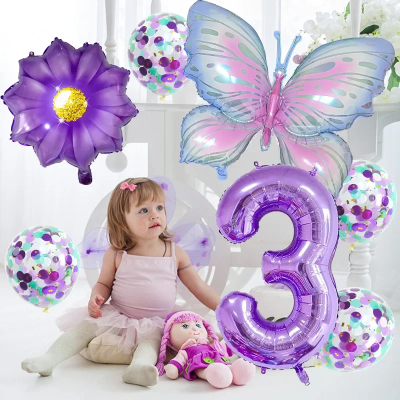 

7Pcs Purple Butterfly Balloons for Birthday Party Decor Sunflower for Girls Baby Shower Wedding Party Decor