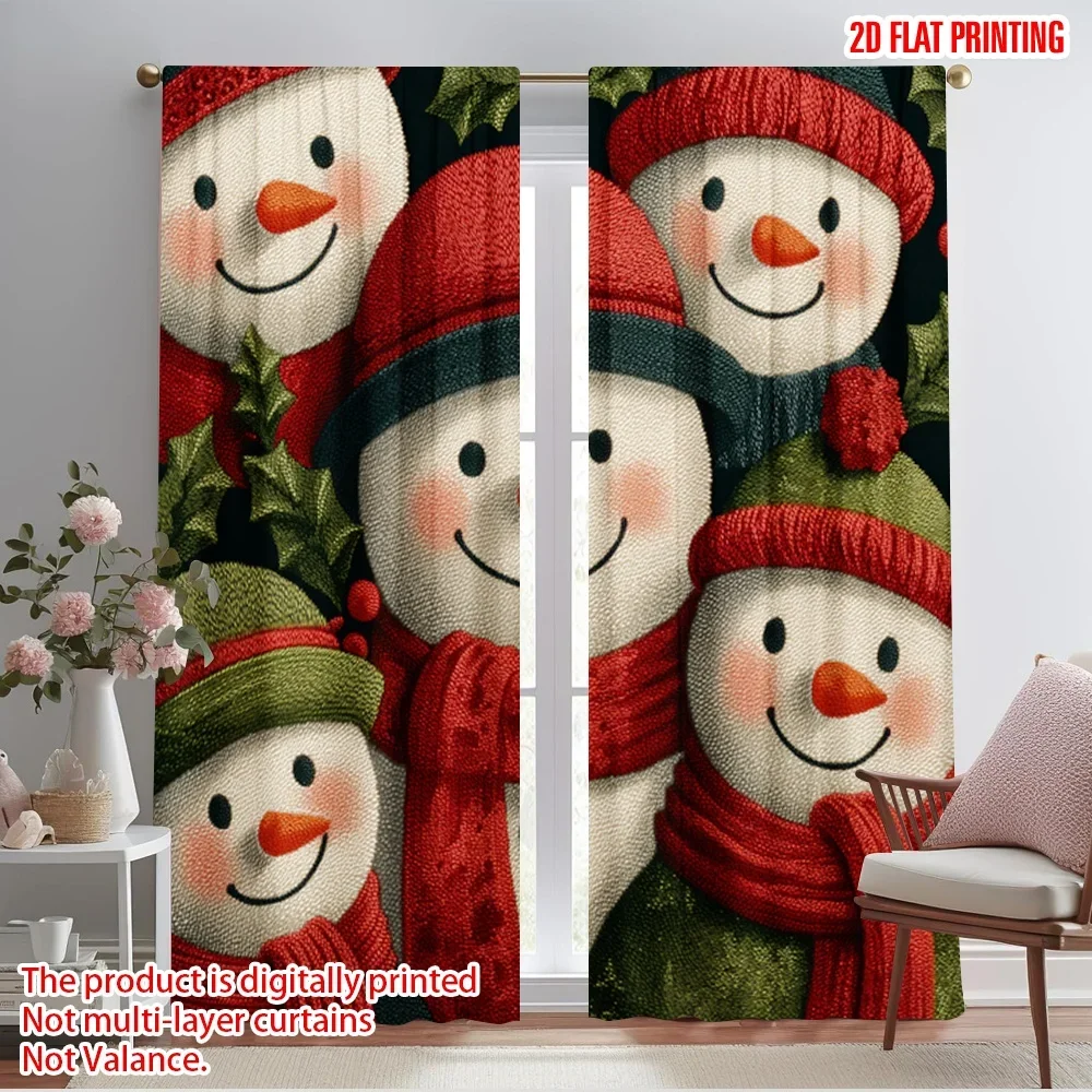 2pcs,2D plane printing Light Filtering Curtains Four Snowmen for Christmas Versatile Polyester Fabric (without rod) Holiday for