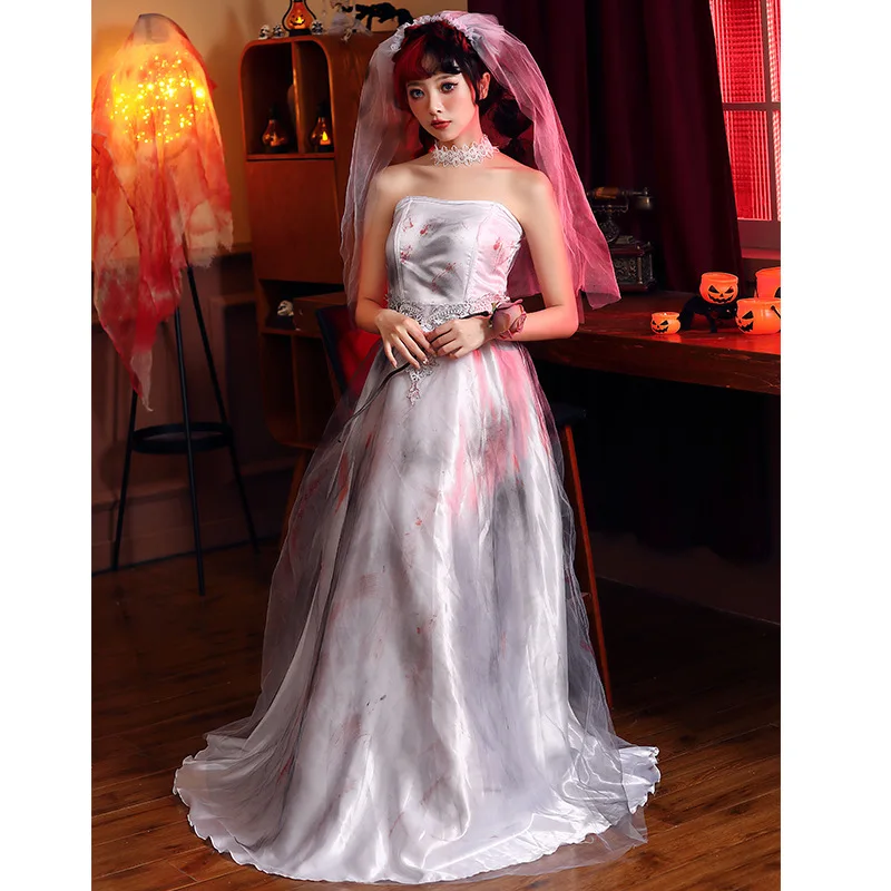 loween Costume da sposa zombie Matrimonio bianco stregato Dr Gonna lunga fino al pavimento con macchie di sangue Gioco di ruolo cosplay da donna...