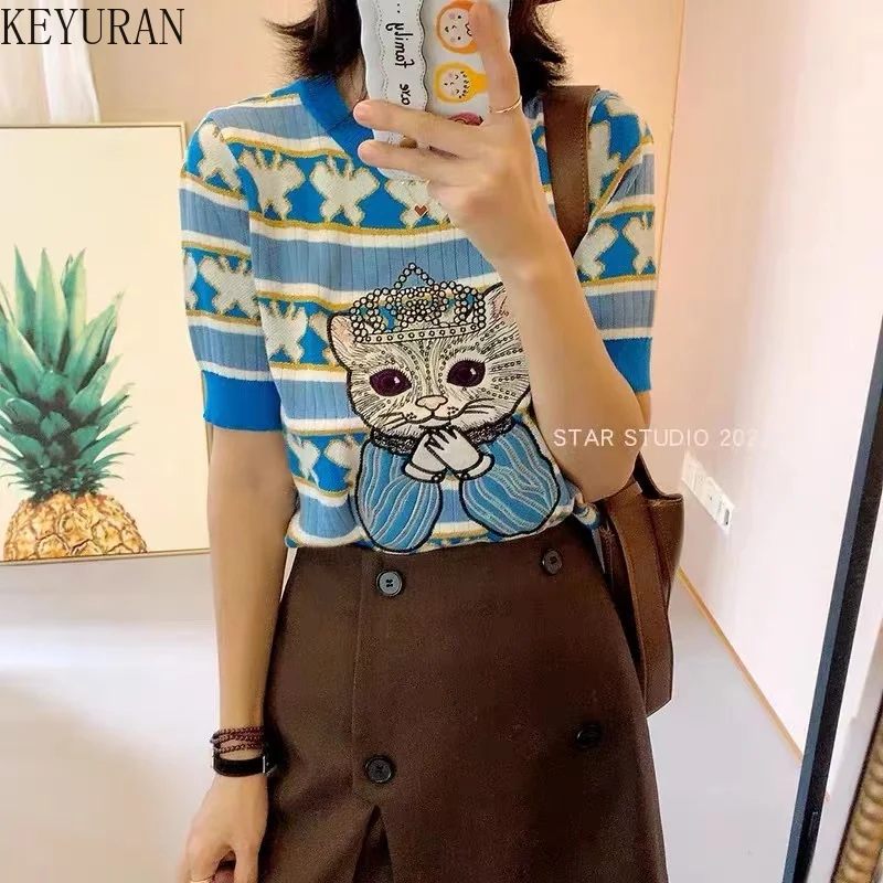 Embroidery Cat Sequins Striped Butterfly Knitted T-Shirts Women 2024 Summer Short-sleeved O-neck Hollow Out Thin Sweater Blue