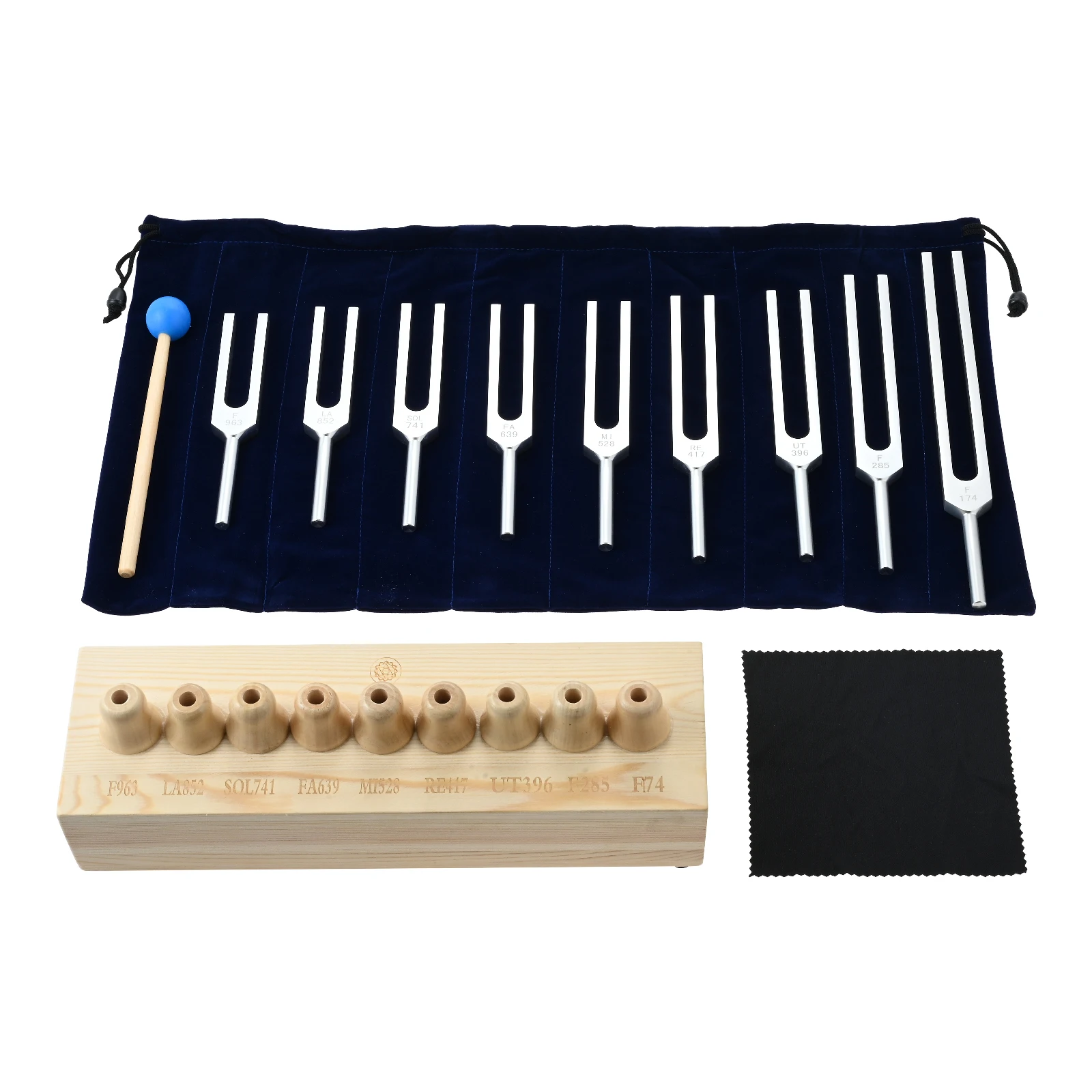 9pcs Aluminum Alloy Silver Solfeggio Tuning Forks Set with Wooden Box 174 285 396 417 528 639 741 852 963 Hz for Reducing Stress