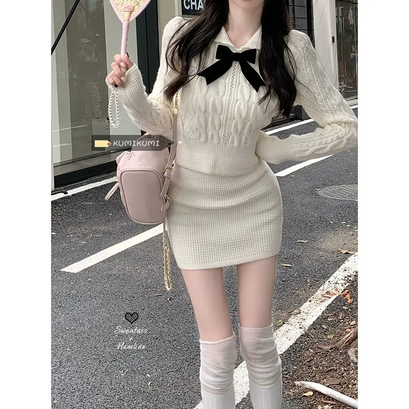 

Hot Sweet Girls Knitted Two Piece Skirt Sets Elegant Turn Down Collar Long Sleeve Knitting Pullover + High Waist Slim Mini Skirt