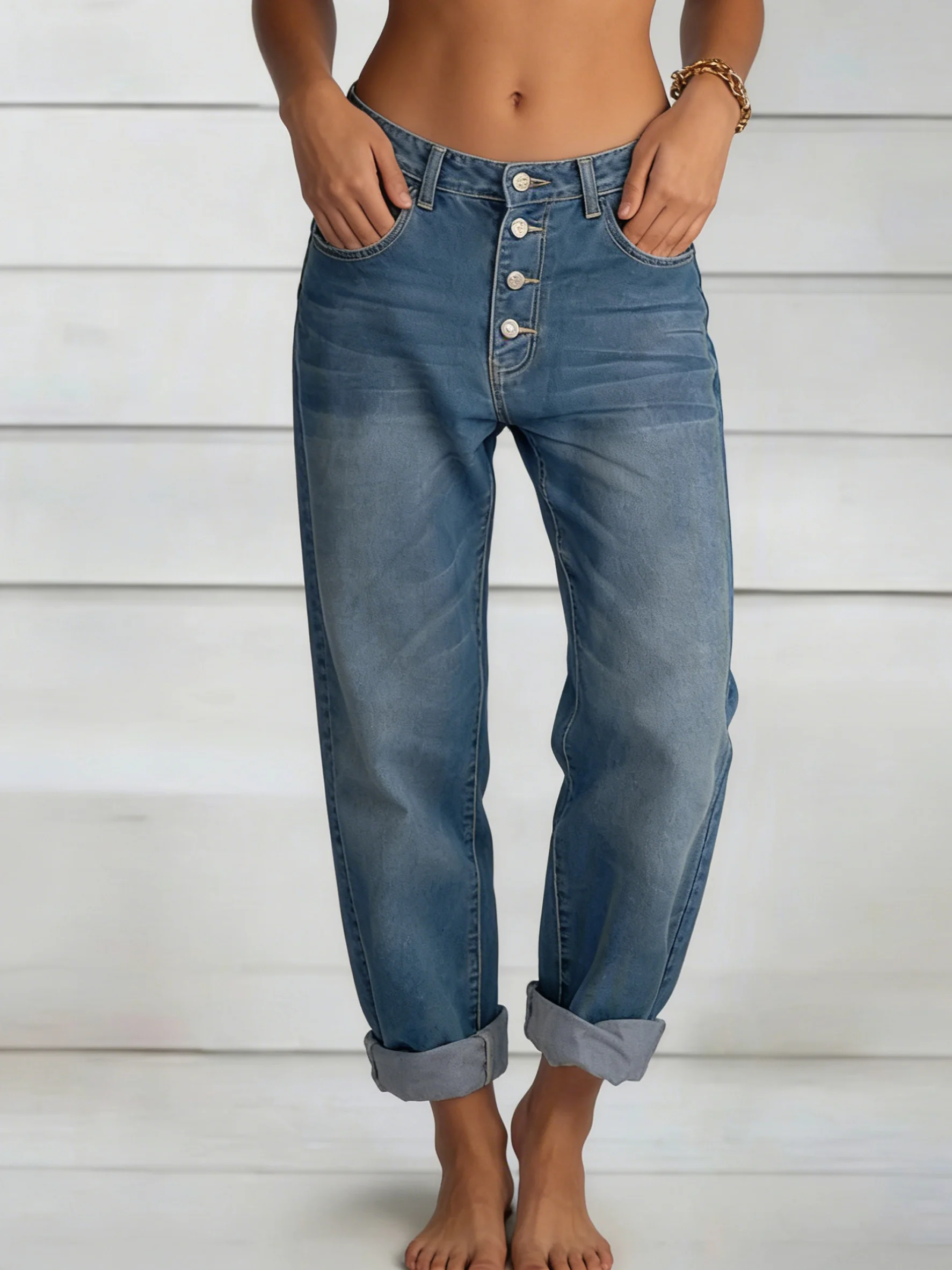 

Women's Casual Loose Fit High-Waist Wide-Leg Pants Button Closure Casual Daily Wear Soft Straight-Leg Trousers Loose