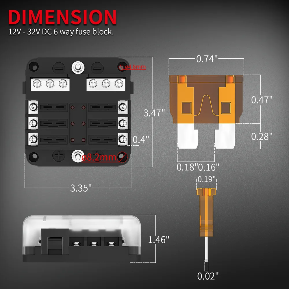 12V 6-Way Blade Fuse Block with  LED Indicator Waterproof Protection Cover and Label Sticker for Automotive Car Truck Trailer