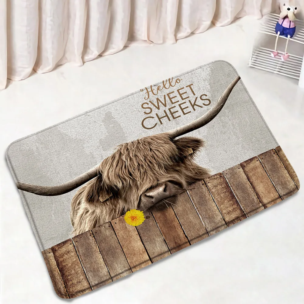 Funny Highland Cattle Shower Curtain Set Farm Cow Yellow Flower Brown Wood Board Bathroom Decor Non-Slip Rug Bath Mat Toilet Lid