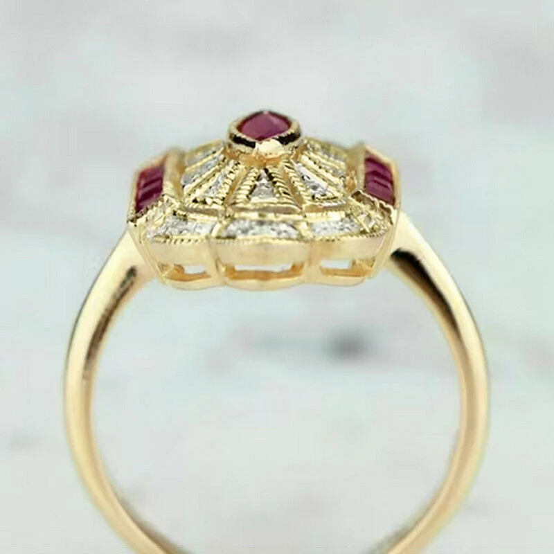Huitan Gorgeous Red CZ Gold Color Rings for Women Vintage Style Luxury Lady Accessories Party Anniversary Gift Noble Jewelry