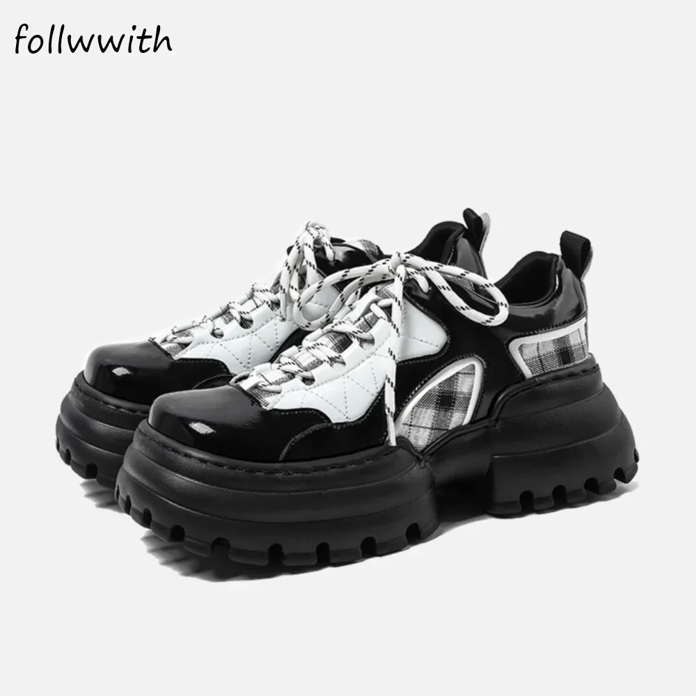 Black/White Mixed Colors Casual Shoes College Style  Women Square Toe Thick-soled Retro Shoes 2024 Autumn New Lace Up Shoes