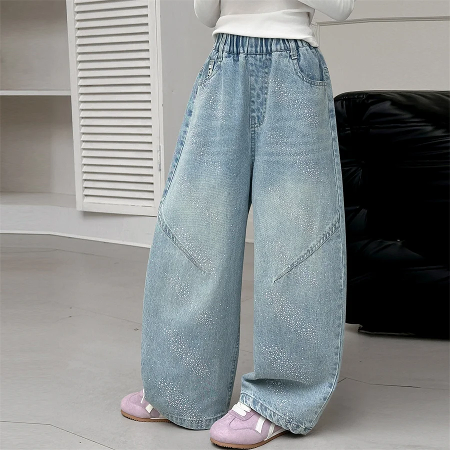 New Fashion Kids Girl Wide Leg Curved Jeans with Rhinestones Children Luxury Crystal Denim Pants Age 5 6 7 8 9 10 11 12 13 14 Y