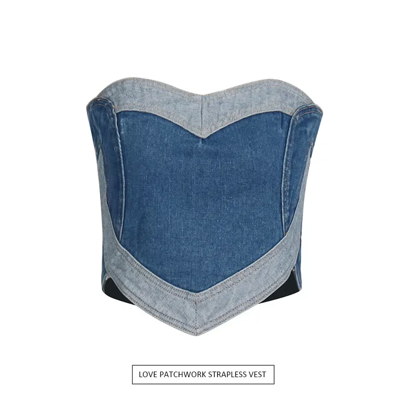 Vest 2024 new vintage wash love patchwork color denim strapless top woman y2k