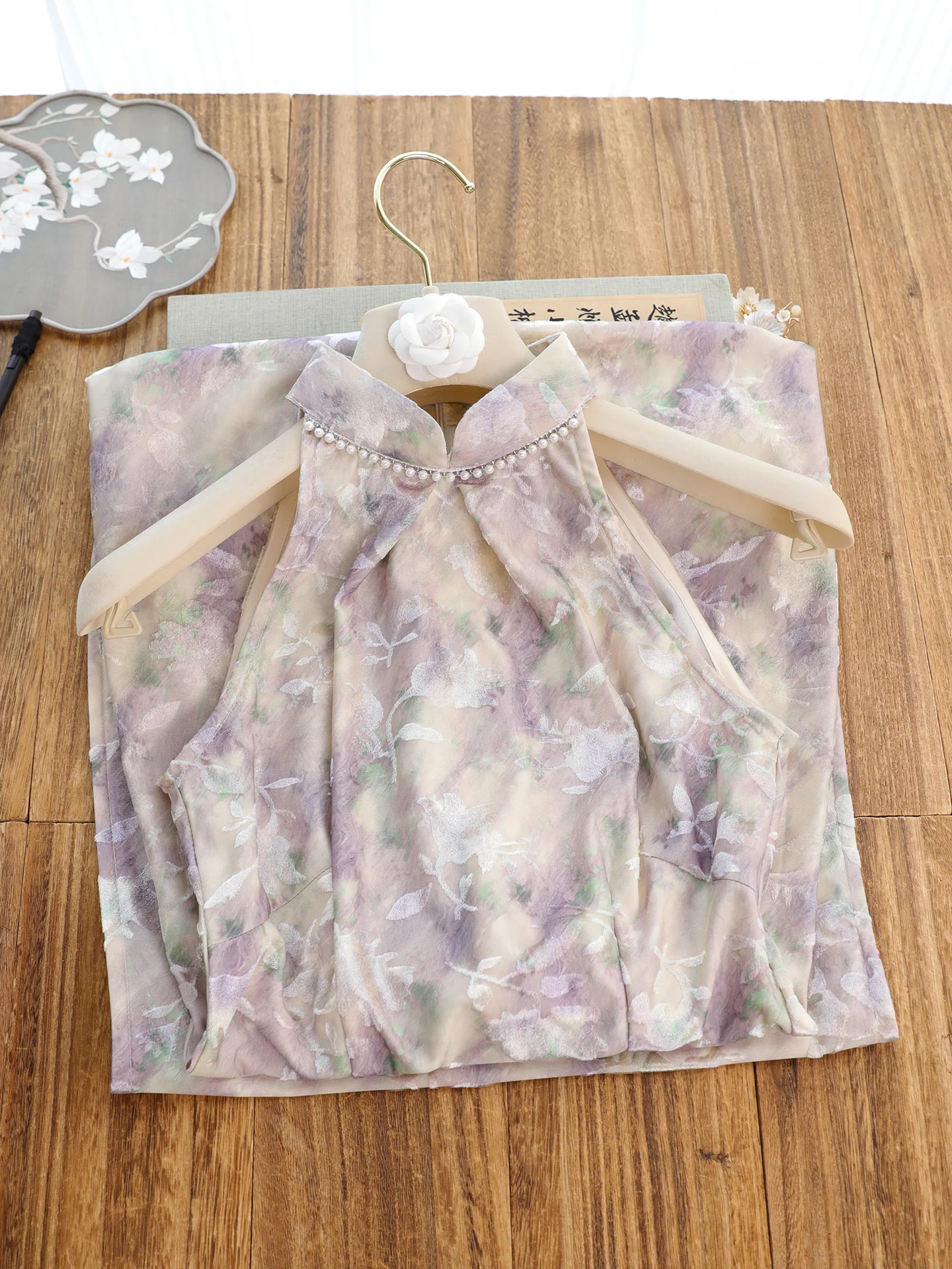 Young Women's Purple Vintage Chinese Style Sleeveless Neck Hanging Qipao Long Skirt Breathable Low Slit Daily Wear Qipao