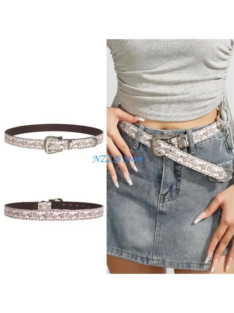 

T21F PU Leather Belts with Carved Flower Buckle Adjustable Pin Buckle Waist Belt Woman Jeans Dresses Skirt Coat Waistband