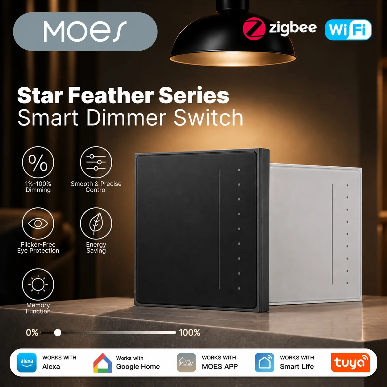 MOES Tuya WiFi/Zigbee Star Feather Series Smart Dimmer Light Switch Adjust Brightness APP Remote Control Voice, Alexa GoogleHome