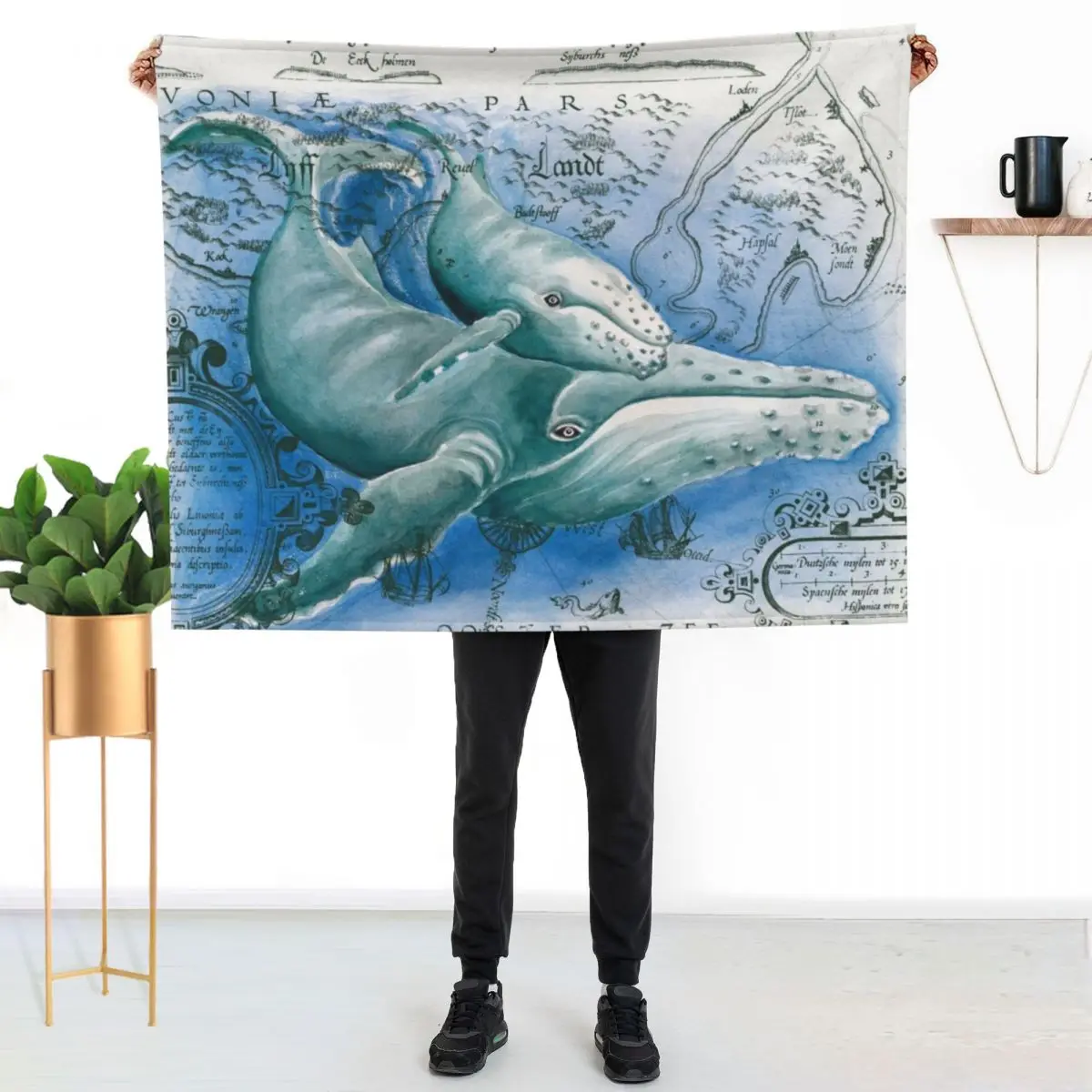 

Humpback Whales Family Vintage Map Watercolor Throw Blanket Warm Flannel Blanket for Couch Chair Bedroom