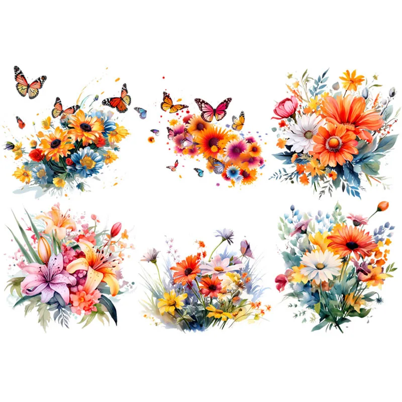 22cm Vinyl stickers Lilies Daisy bushes and butterflies flowers Iron On Patch Heat Transfer Stickers DIY For Clothes Patch Girl