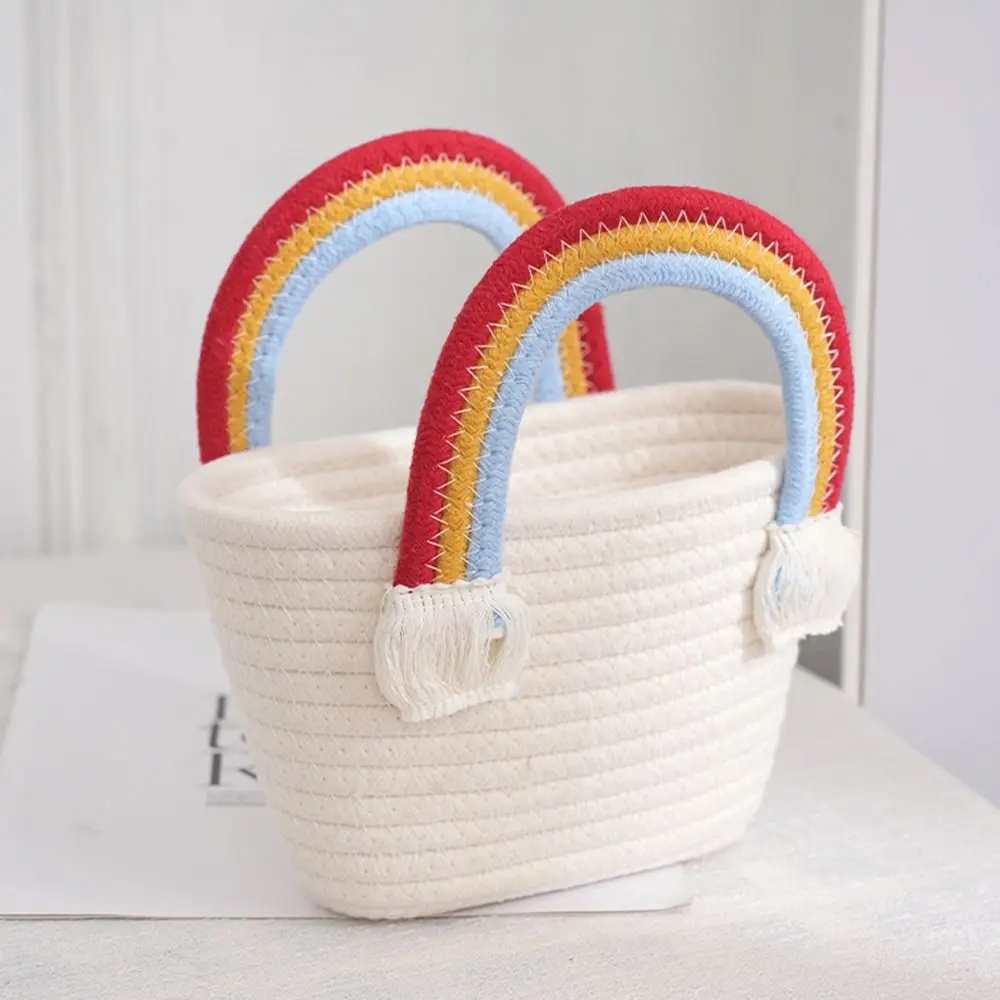 Fashion Rainbow Cotton Rope Woven Bag Handbag Handmade Desktop Storage Basket Cosmetic Organizert Box