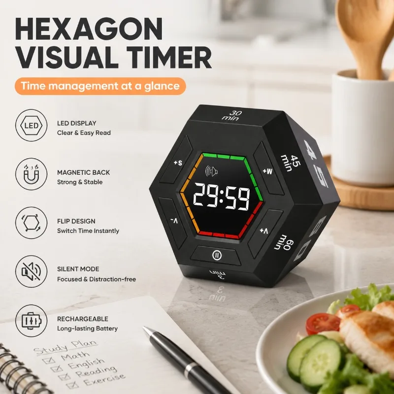 Reversible Visual Hexagonal LED Pomodoro Timer Magnetic Productivity Timer 3 5 15 30 45 60 Minute Preset Countdown Tool