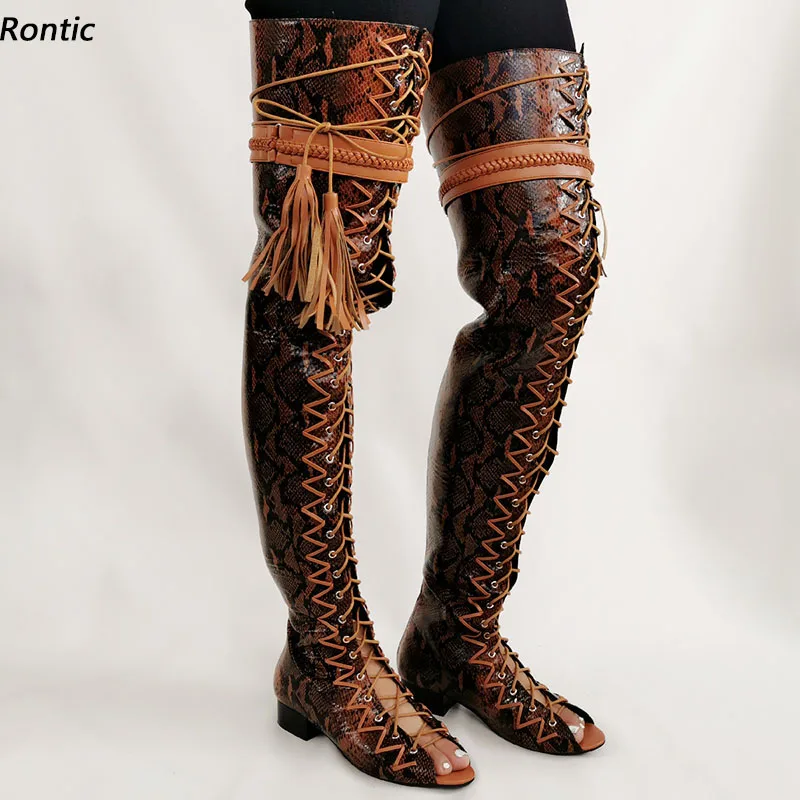 

Rontic Женские весенние сапоги до бедра ручной работы со змеиным узором на плоской подошве с открытым носком Красивая коричневая повседневная обувь Размер США 5-20